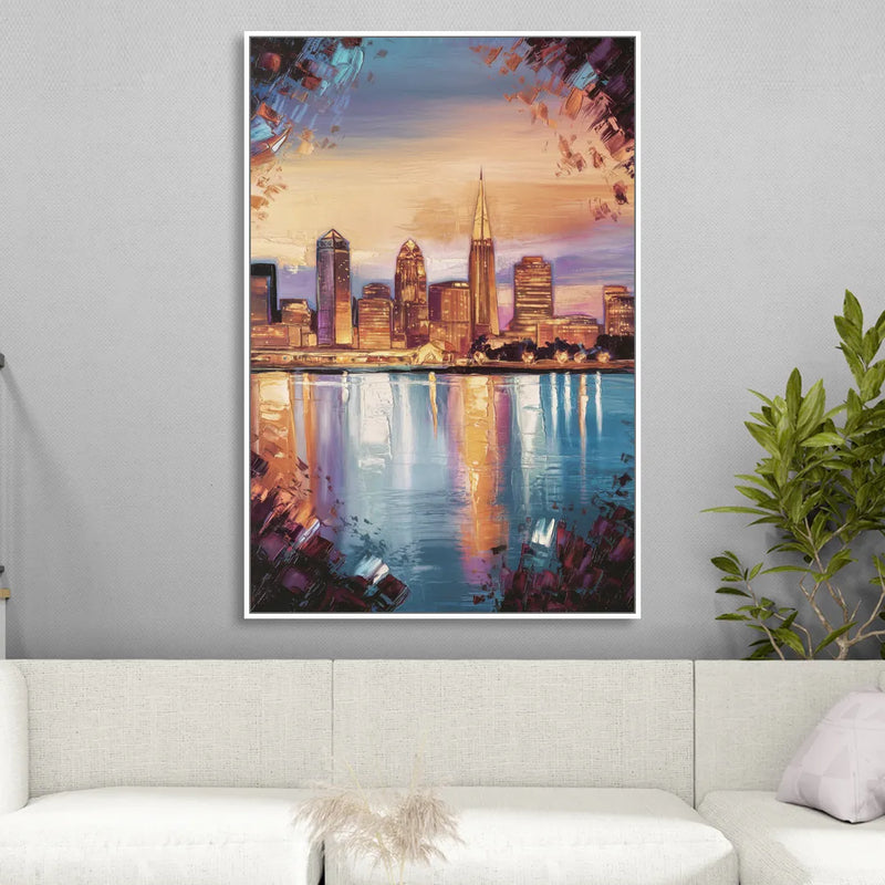 Cleveland Skyline Reflection Living Room - White Canvas Wall Art