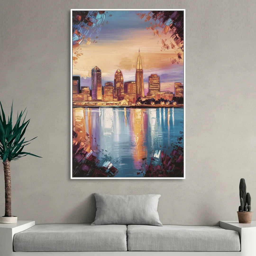 Cleveland Skyline Reflection Sitting Room - White Canvas Wall Art