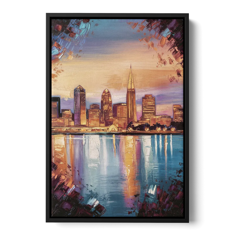 Cleveland Skyline Reflection Front - Black Canvas Wall Art