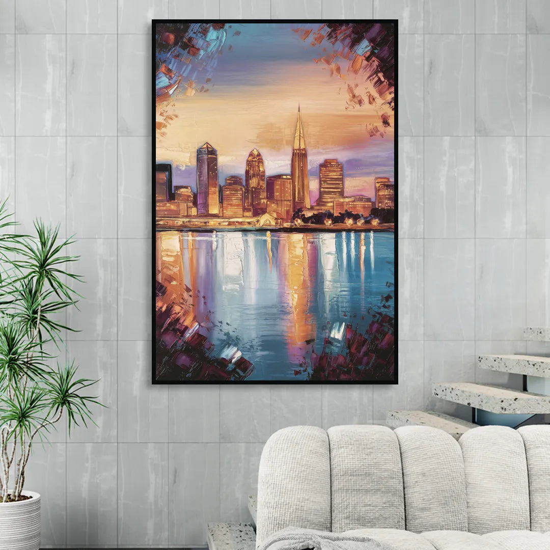 Cleveland Skyline Reflection Living Room - Black Canvas Wall Art