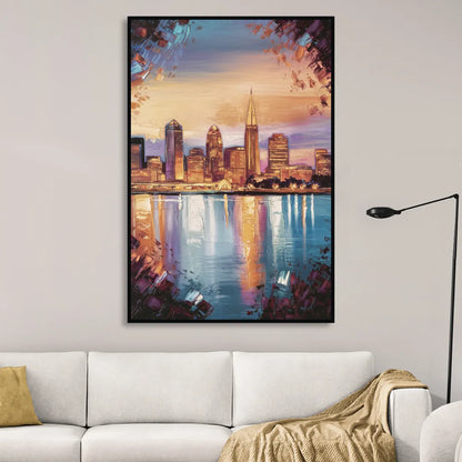 Cleveland Skyline Reflection Sitting Room - Black Canvas Wall Art