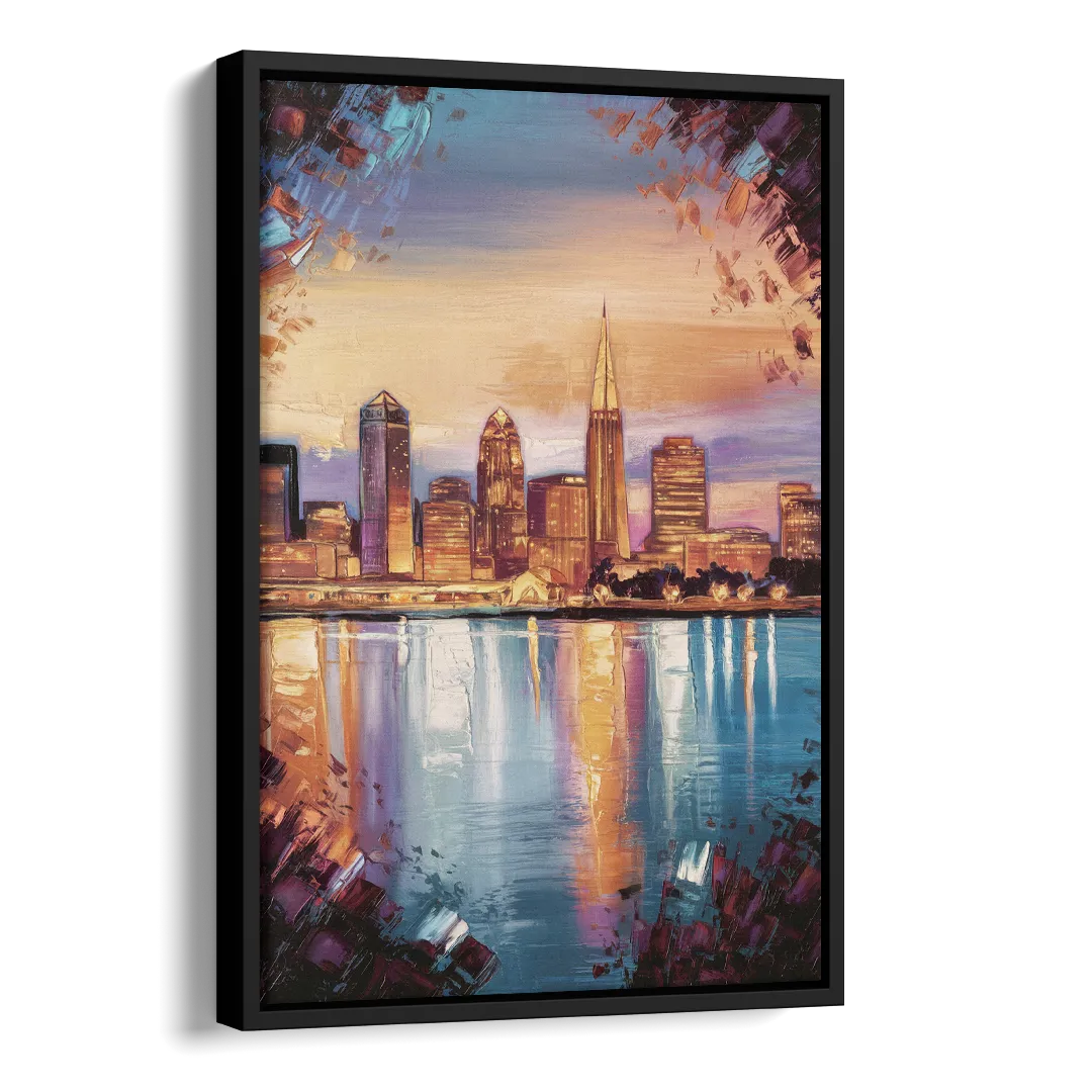 Cleveland Skyline Reflection Side - Black Canvas Wall Art