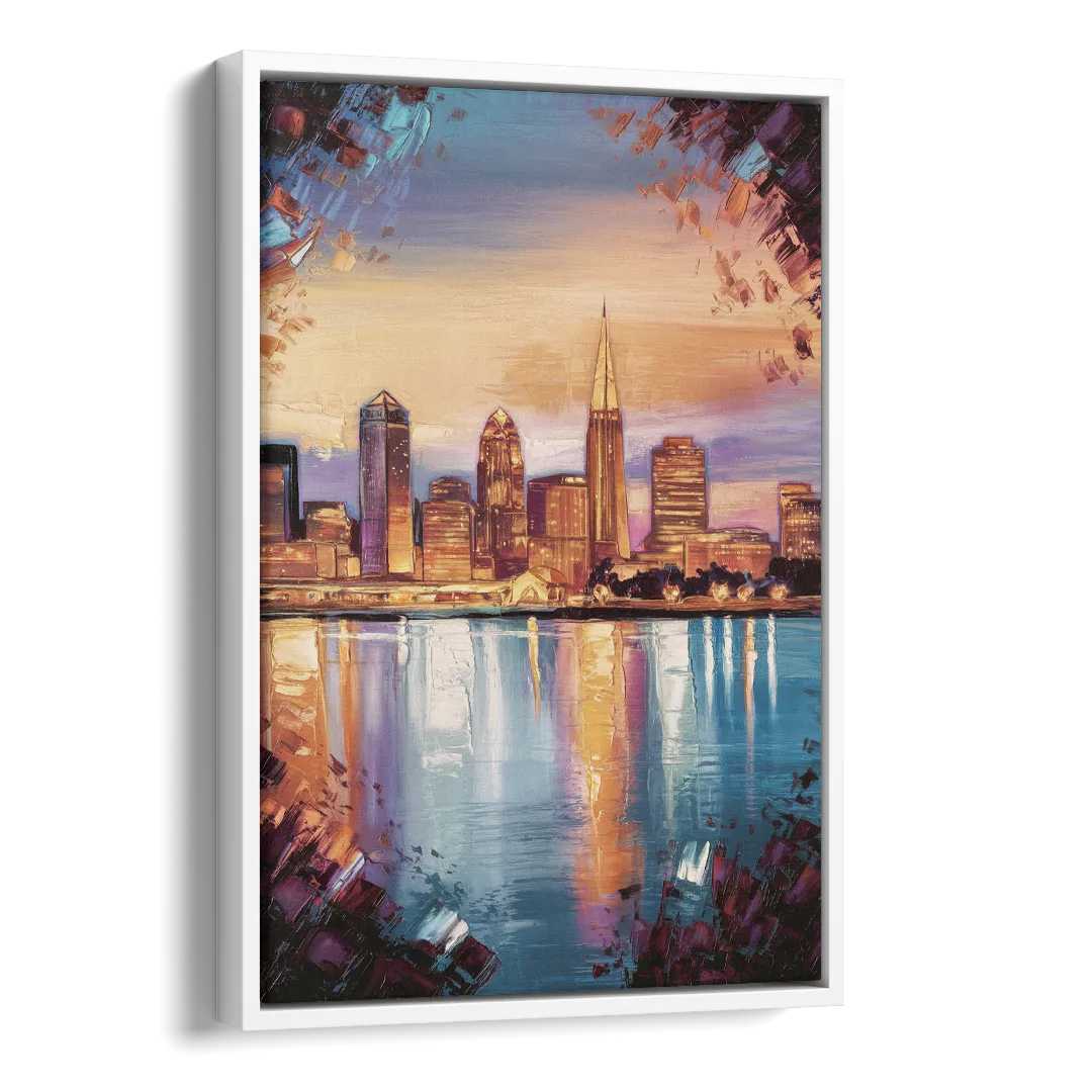 Cleveland Skyline Reflection Side - White Canvas Wall Art