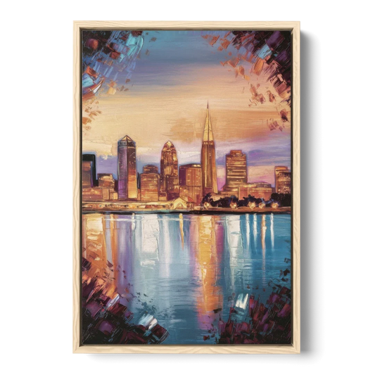 Cleveland Skyline Reflection - Oak Framed Canvas Wall Art - Front