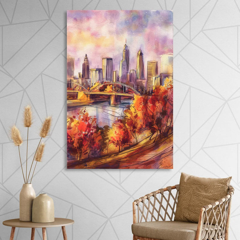 Cleveland Skyline in Autumn Living Room - Canvas Wall Art