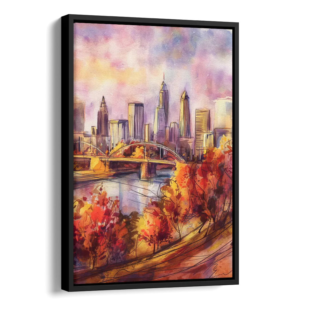 Cleveland Skyline in Autumn Side - Black Canvas Wall Art