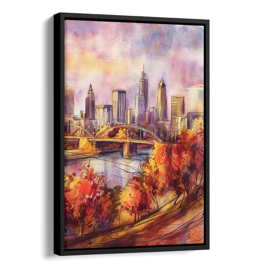 Cleveland Skyline in Autumn Side - Black Canvas Wall Art
