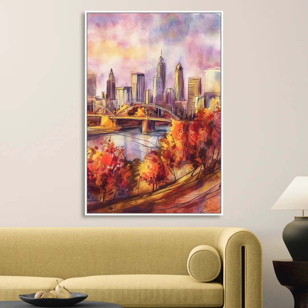 Cleveland Skyline in Autumn Sitting Room - White Canvas Wall Art