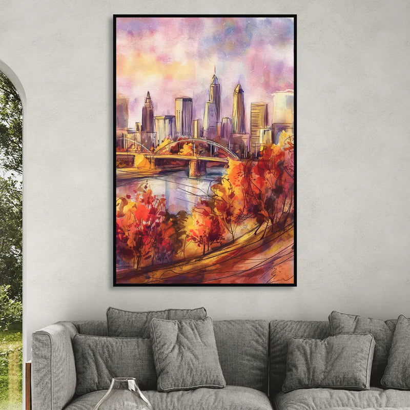 Cleveland Skyline in Autumn Sitting Room - Black Canvas Wall Art
