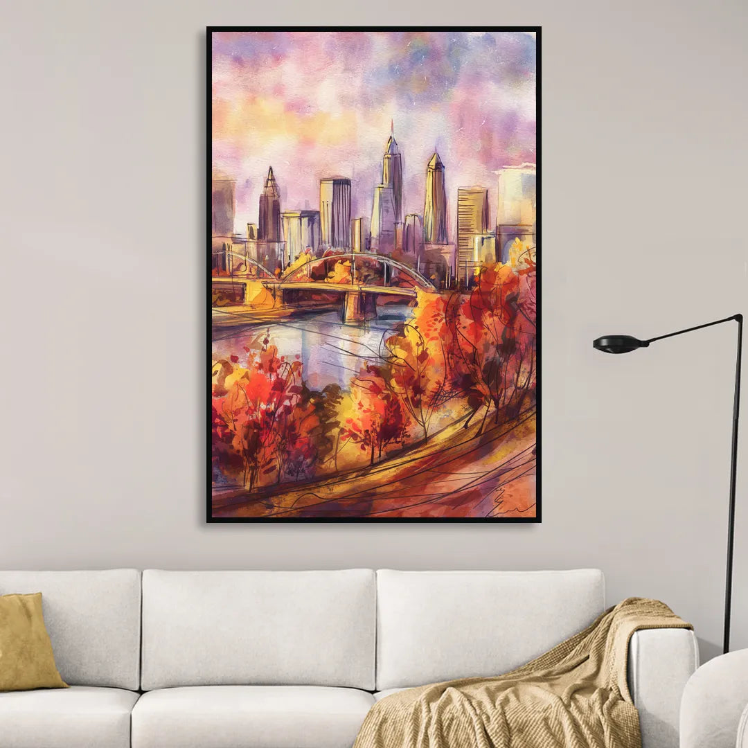 Cleveland Skyline in Autumn Living Room - Black Canvas Wall Art