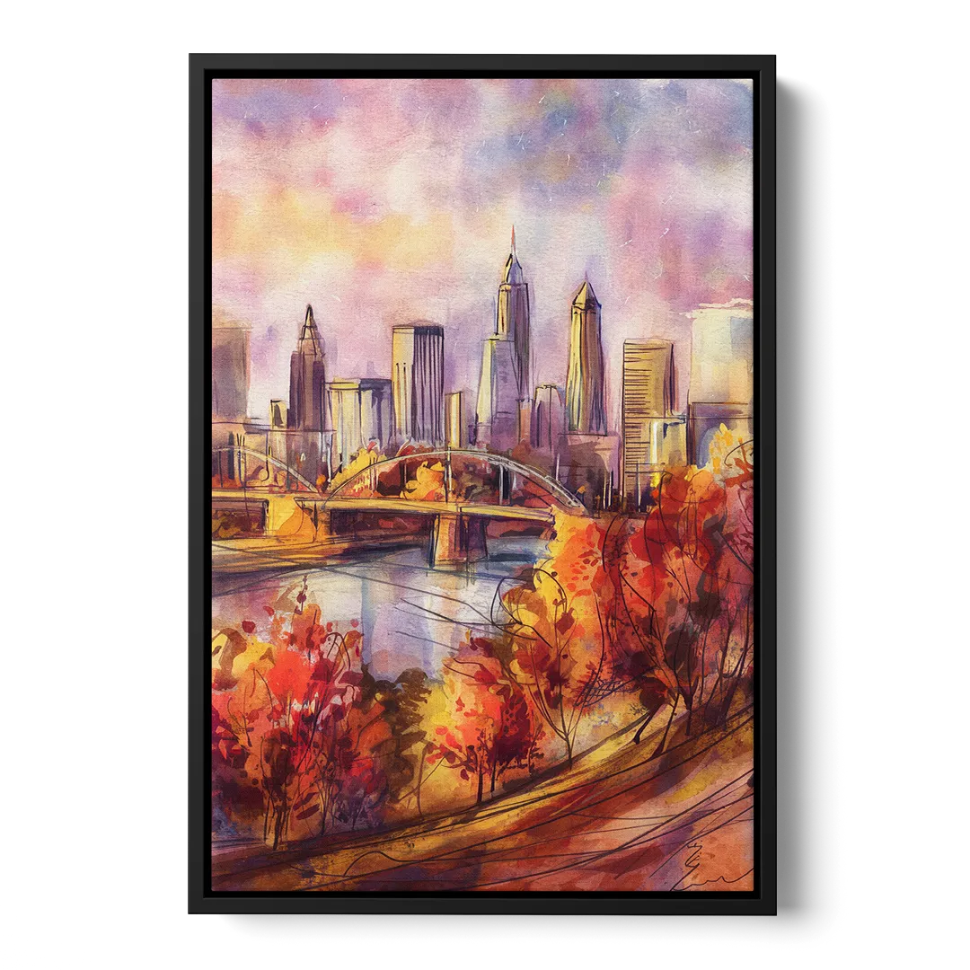 Cleveland Skyline in Autumn Front - Black Canvas Wall Art
