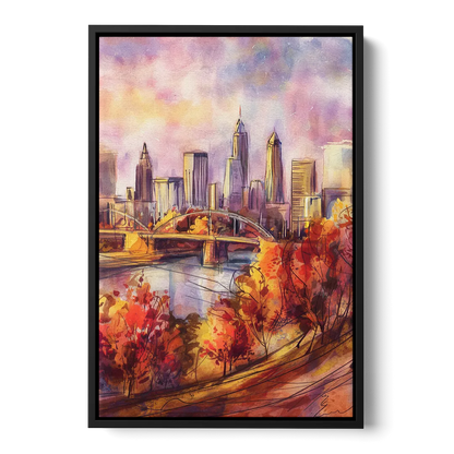 Cleveland Skyline in Autumn Front - Black Canvas Wall Art