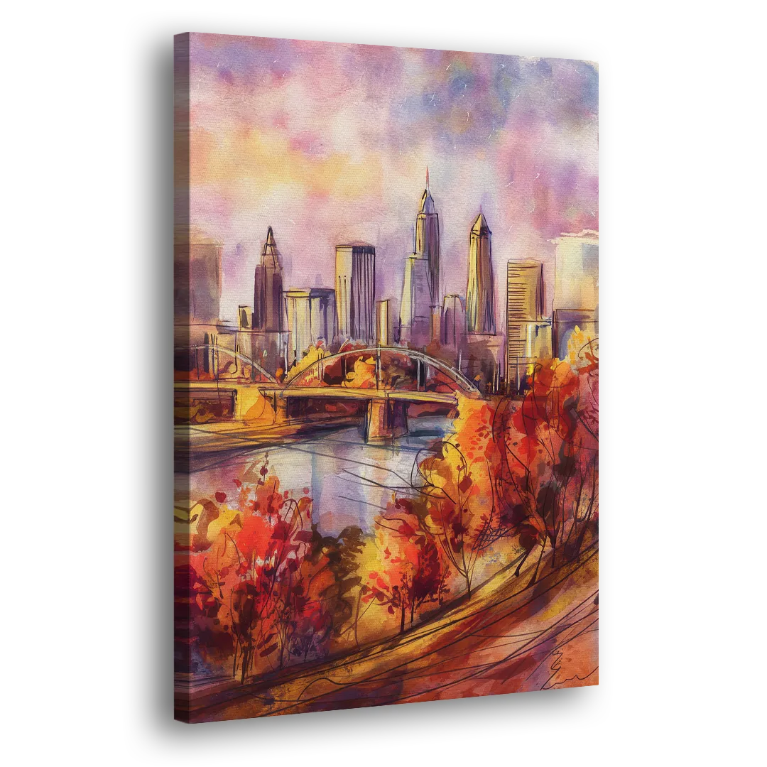 Cleveland Skyline in Autumn Side - Canvas Wall Art