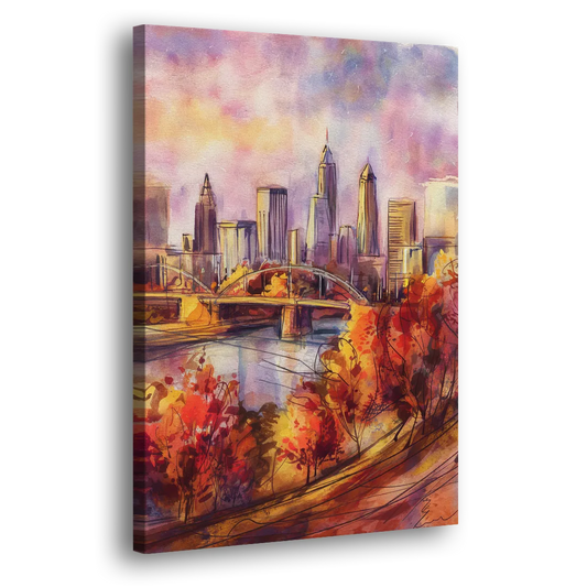 Cleveland Skyline in Autumn Side - Canvas Wall Art