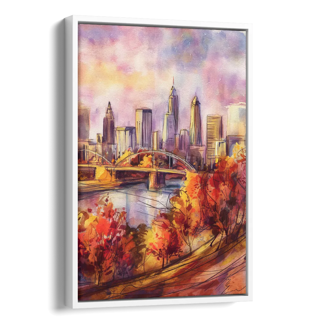 Cleveland Skyline in Autumn Side - White Canvas Wall Art