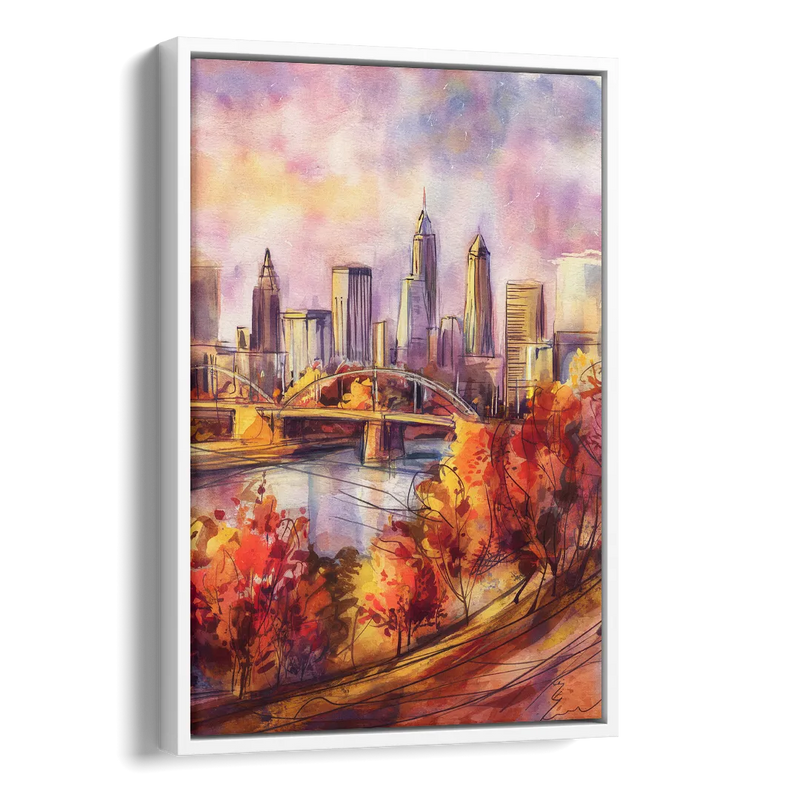 Cleveland Skyline in Autumn Side - White Canvas Wall Art