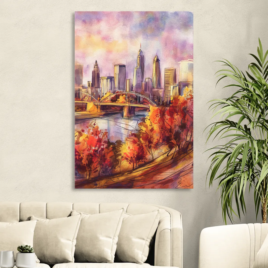 Cleveland Skyline in Autumn Sitting Room - Canvas Wall Art