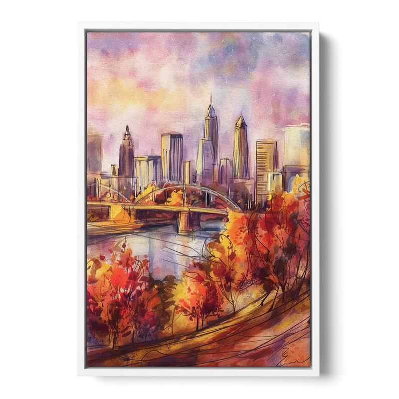 Cleveland Skyline in Autumn Front - White Canvas Wall Art