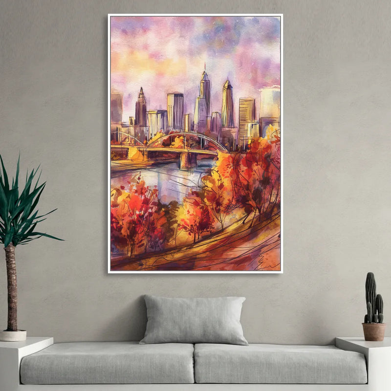 Cleveland Skyline in Autumn Living Room - White Canvas Wall Art