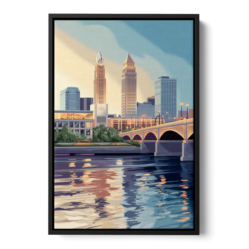Cleveland Waterfront Views Front - Black Canvas Wall Art
