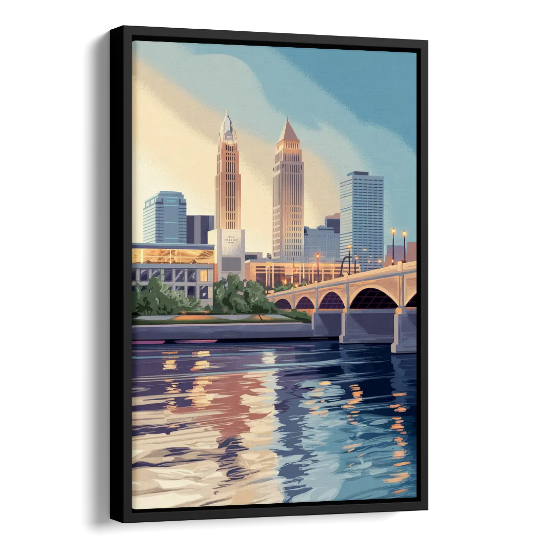 Cleveland Waterfront Views Side - Black Canvas Wall Art