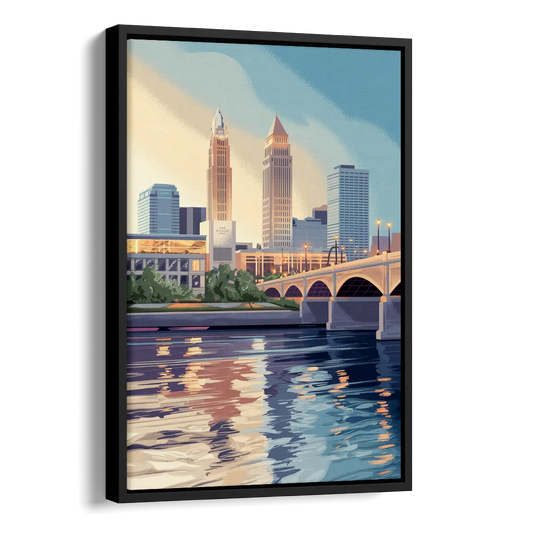 Cleveland Waterfront Views Side - Black Canvas Wall Art