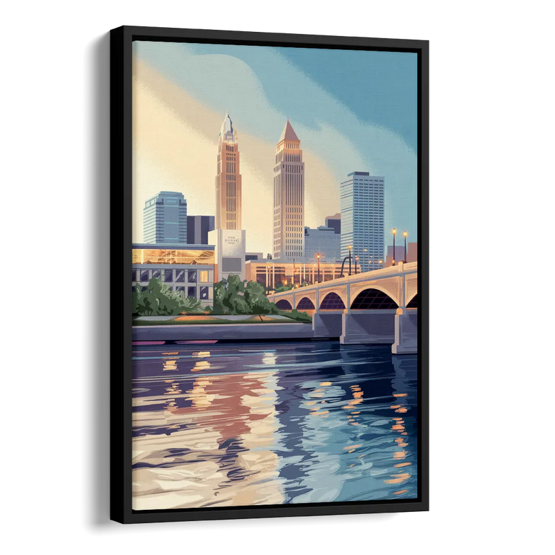 Cleveland Waterfront Views Side - Black Canvas Wall Art