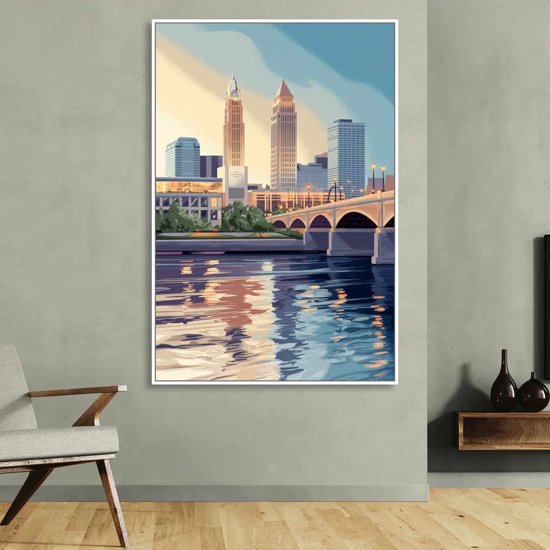 Cleveland Waterfront Views Living Room - White Canvas Wall Art
