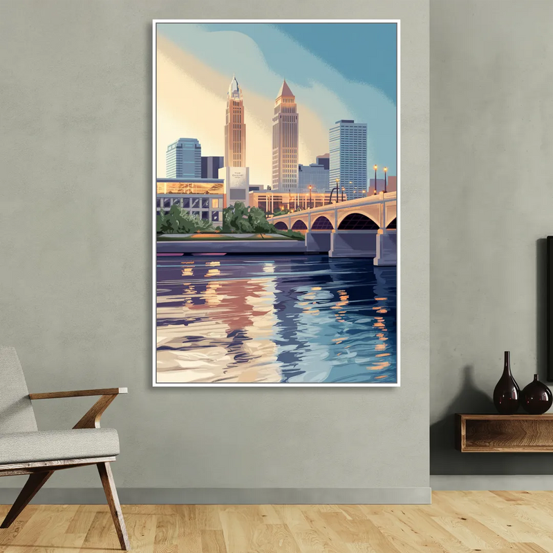 Cleveland Waterfront Views Living Room - White Canvas Wall Art