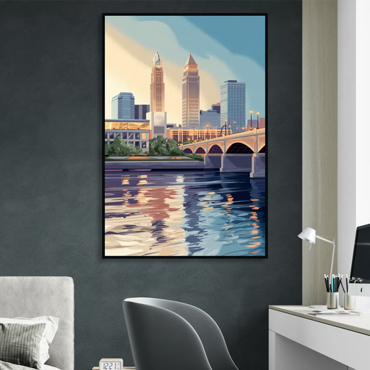 Cleveland Waterfront Views Living Room - Black Canvas Wall Art