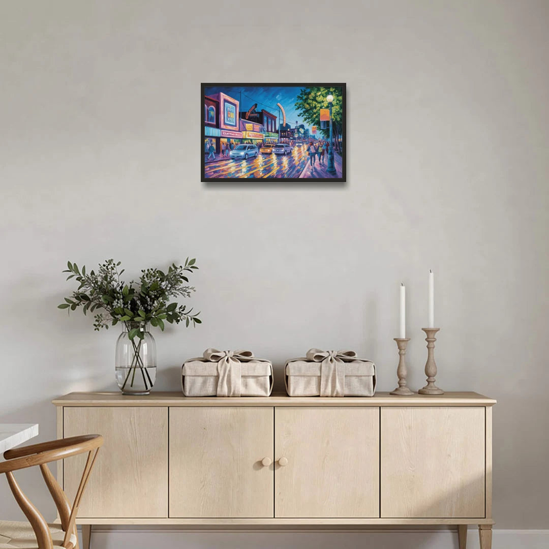 Clifton Hill Neon Lights - Black Framed Canvas Wall Art - Coffee Table - 24x16