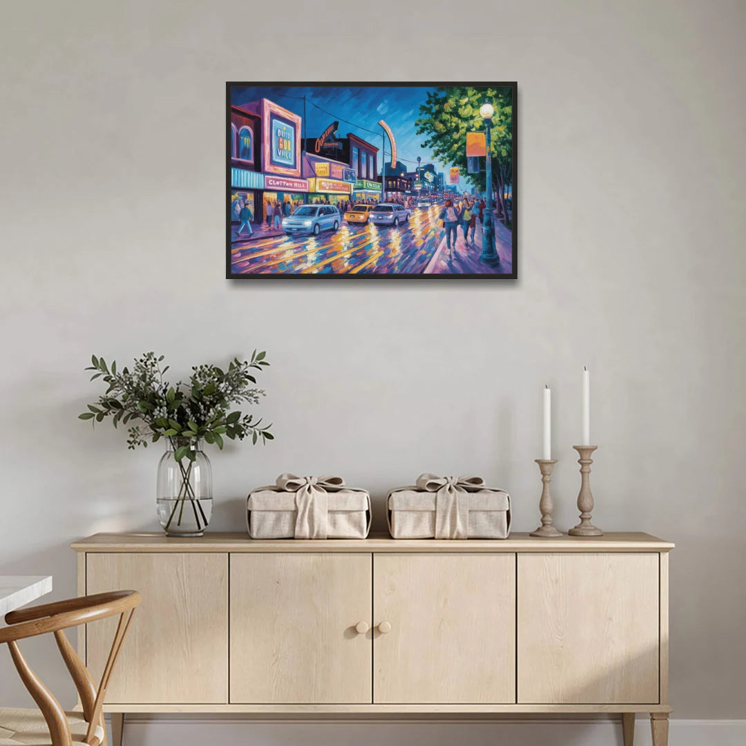 Clifton Hill Neon Lights - Black Framed Canvas Wall Art - Coffee Table - 36x24