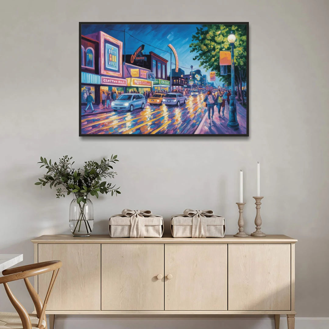 Clifton Hill Neon Lights - Black Framed Canvas Wall Art - Coffee Table - 48x32