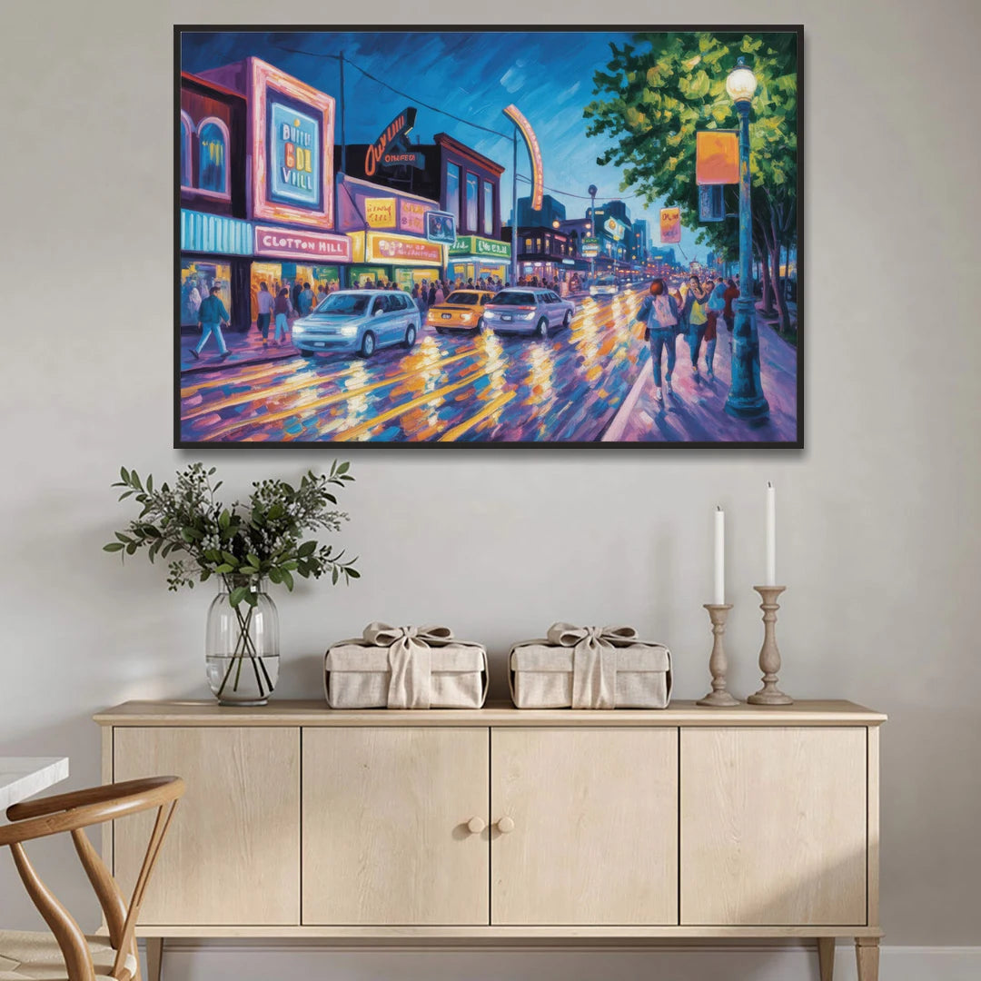 Clifton Hill Neon Lights - Black Framed Canvas Wall Art - Coffee Table - 60x40