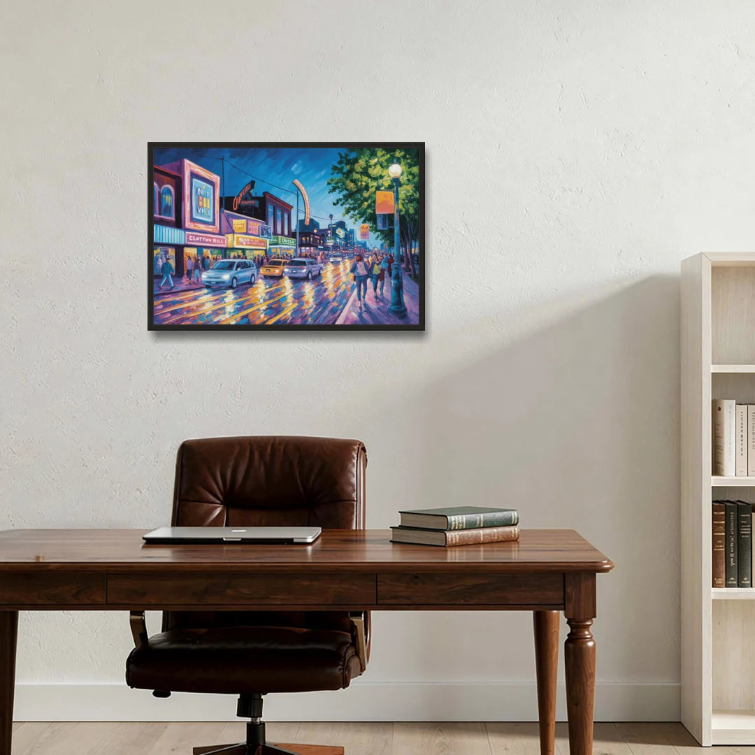 Clifton Hill Neon Lights - Black Framed Canvas Wall Art - Office - 30x20