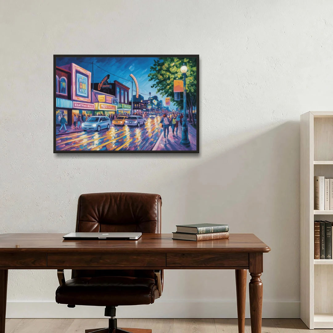 Clifton Hill Neon Lights - Black Framed Canvas Wall Art - Office - 36x24