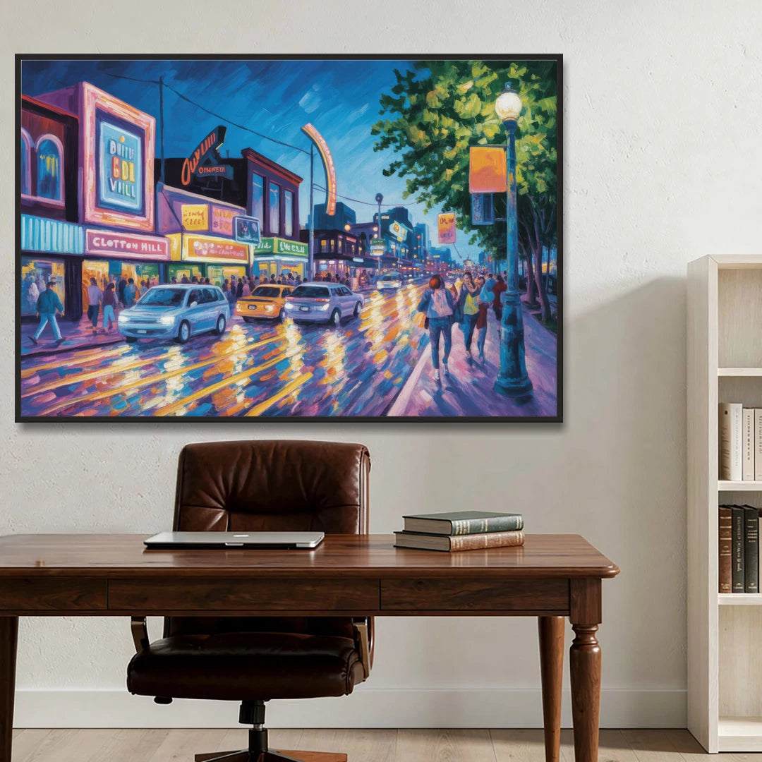 Clifton Hill Neon Lights - Black Framed Canvas Wall Art - Office - 60x40