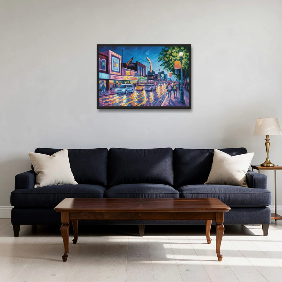 Clifton Hill Neon Lights - Black Framed Canvas Wall Art - Sofa - 30x20