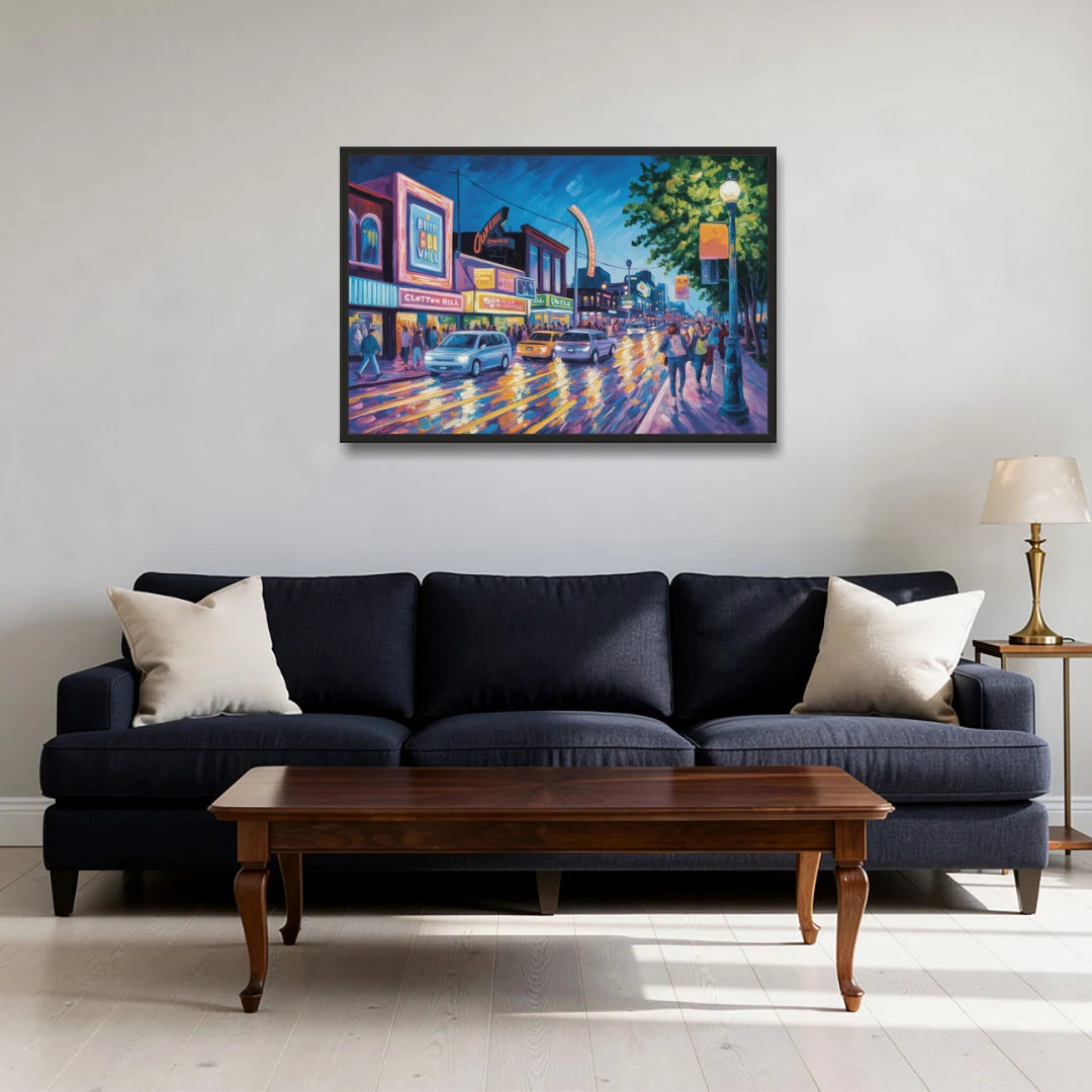 Clifton Hill Neon Lights - Black Framed Canvas Wall Art - Sofa - 36x24