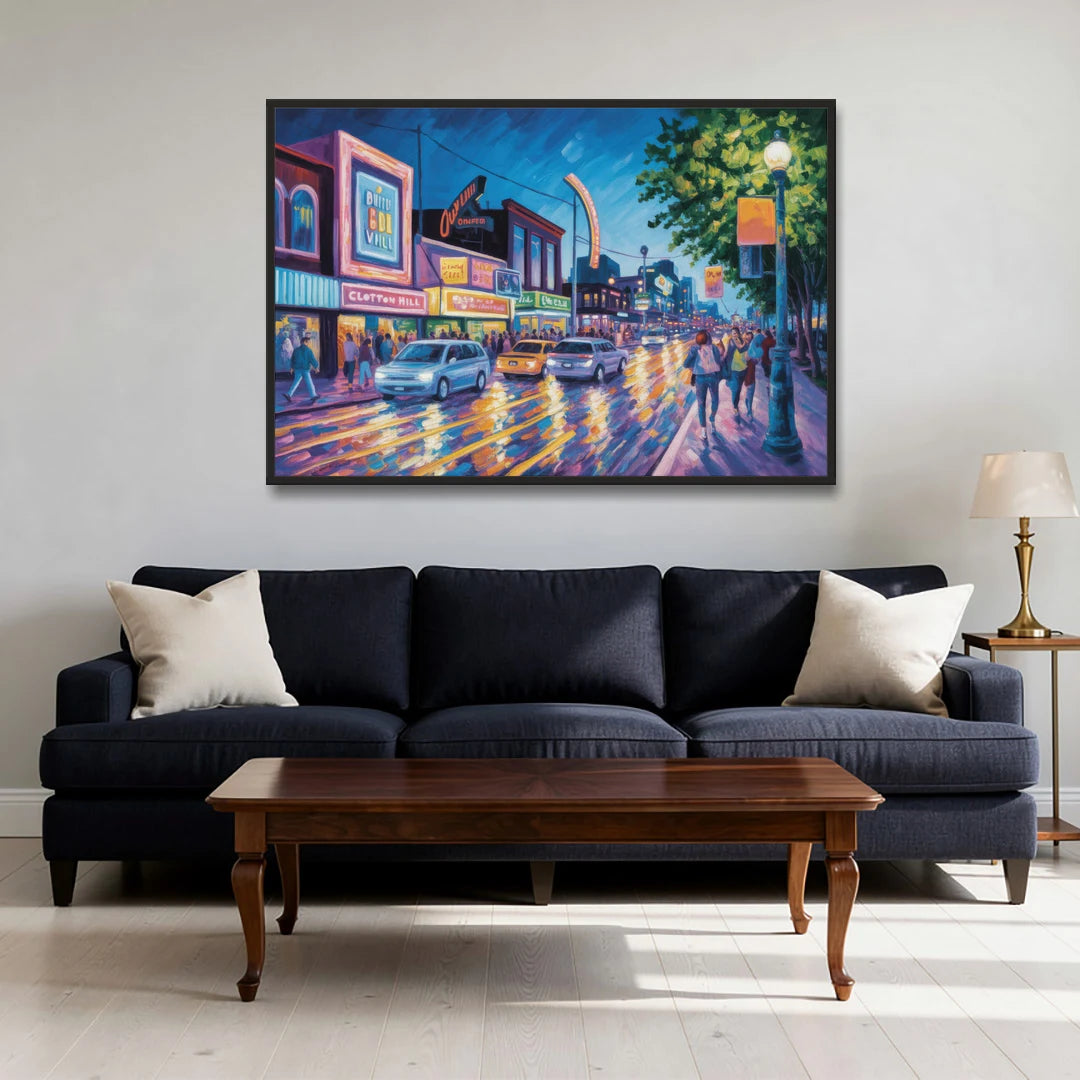 Clifton Hill Neon Lights - Black Framed Canvas Wall Art - Sofa - 48x32