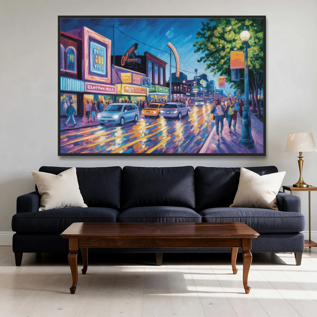 Clifton Hill Neon Lights - Black Framed Canvas Wall Art - Sofa - 60x40