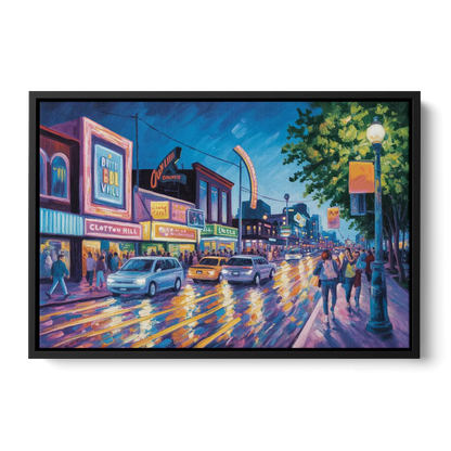 Clifton Hill Neon Lights Front - Black Canvas Wall Art