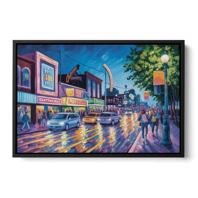 Clifton Hill Neon Lights Front - Black Canvas Wall Art