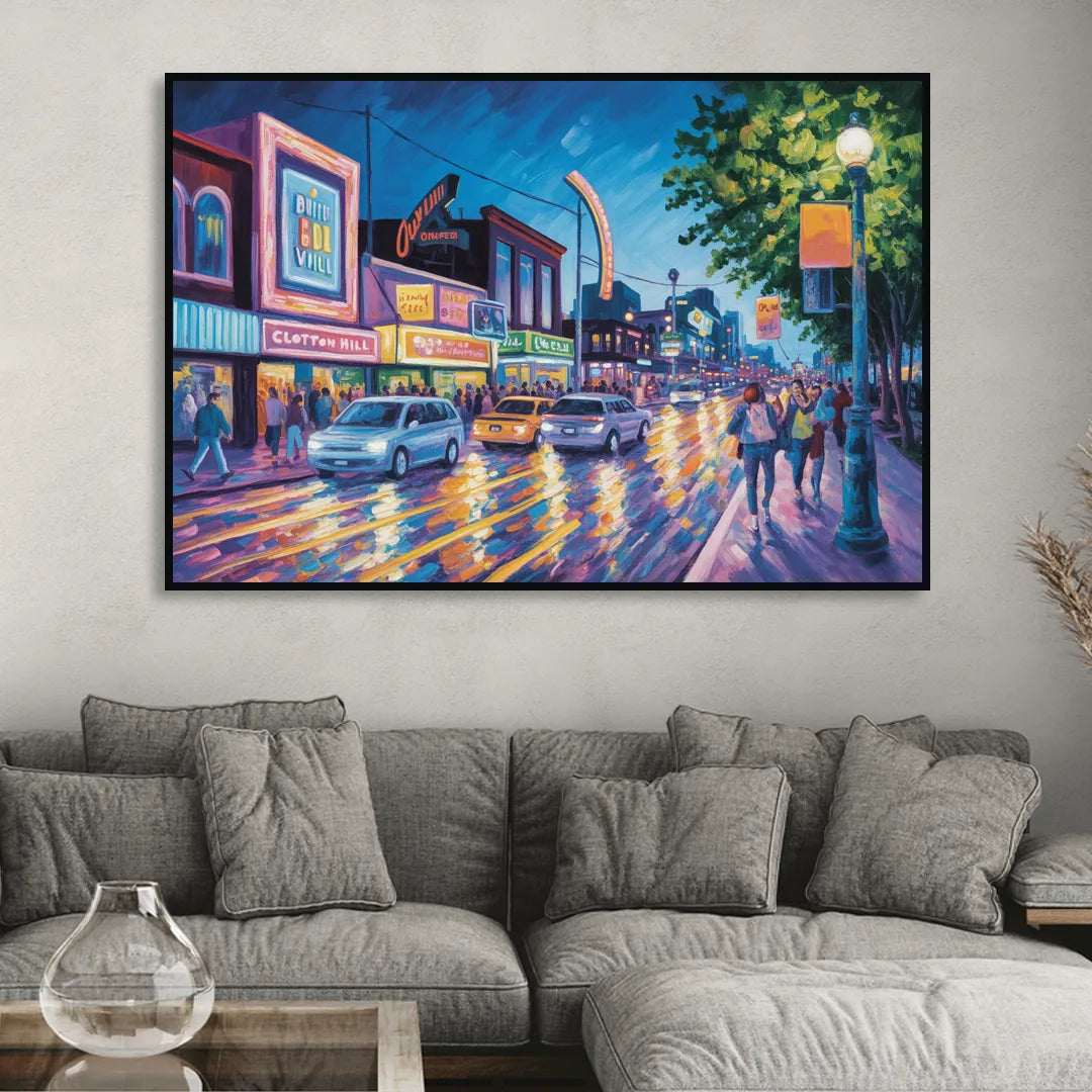 Clifton Hill Neon Lights Sitting Room - Black Canvas Wall Art