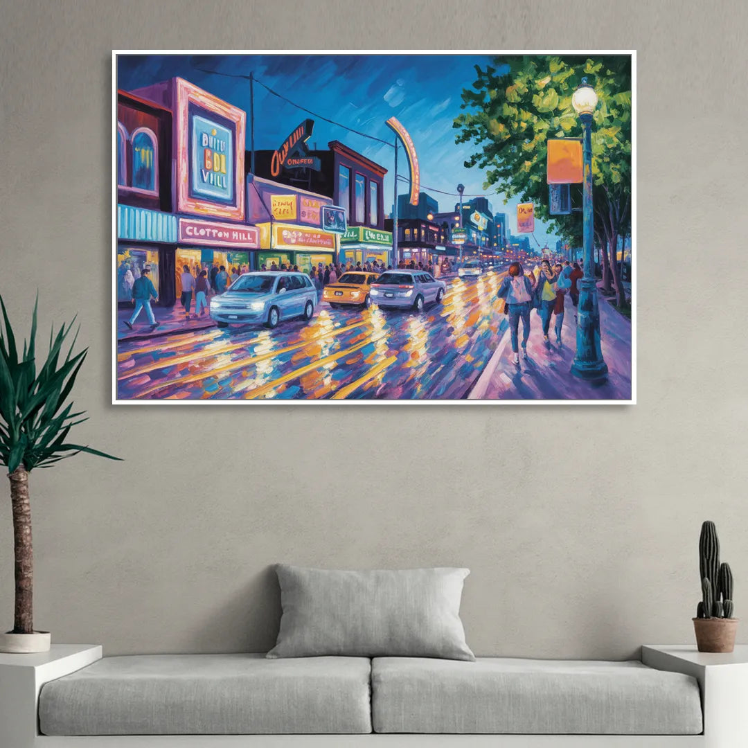 Clifton Hill Neon Lights Living Room - White Canvas Wall Art