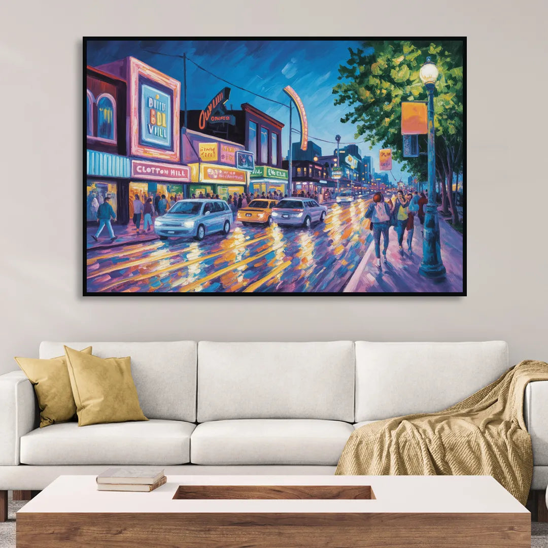 Clifton Hill Neon Lights Living Room - Black Canvas Wall Art