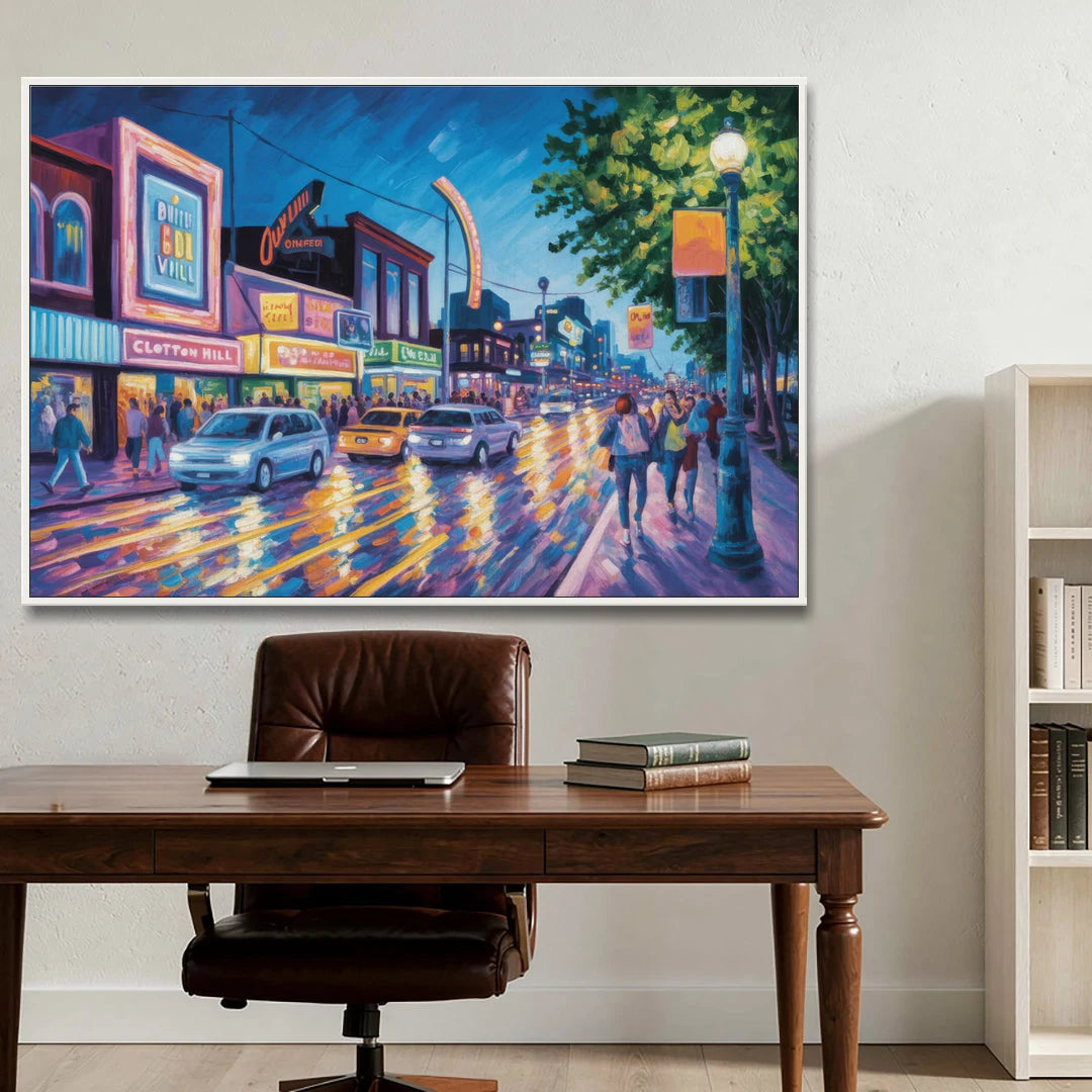 Clifton Hill Neon Lights - White Framed Canvas Wall Art - Office - 60x40