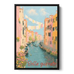 Clothesline Painting Over a Venice Canal - Black Framed Canvas Wall Art - Front
