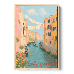 Clothesline Painting Over a Venice Canal - Oak Framed Canvas Wall Art - Front