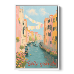 Clothesline Painting Over a Venice Canal - White Framed Canvas Wall Art - Front